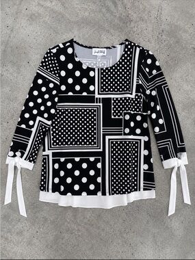 Joseph Ribkoff Black White Polka Dot Geometric Tie Sleeve Blouse Woman 12 202183
